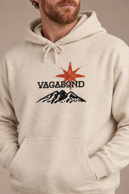 Mountain hoodie — graphic close-up studio model view