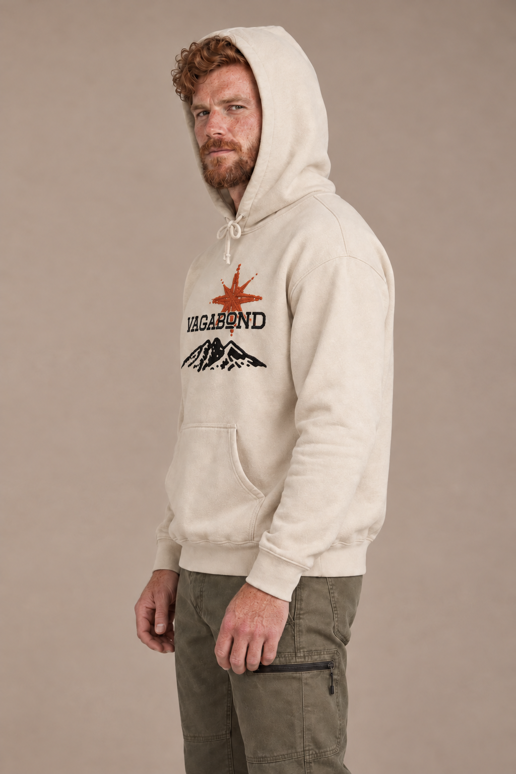 Mountain hoodie — hood-up angle studio model view