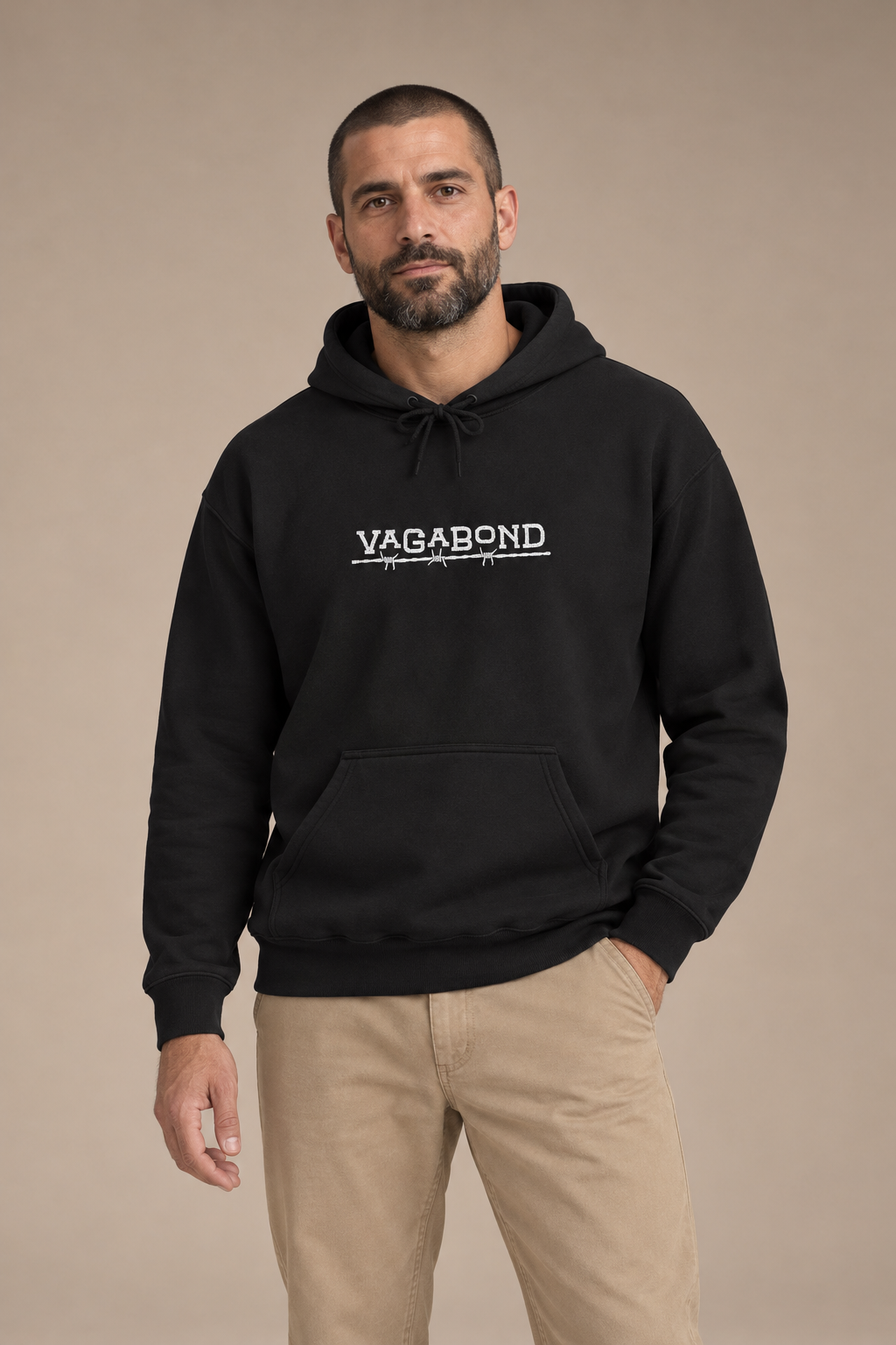 Vagabond staple — model photograph against warm beige studio background