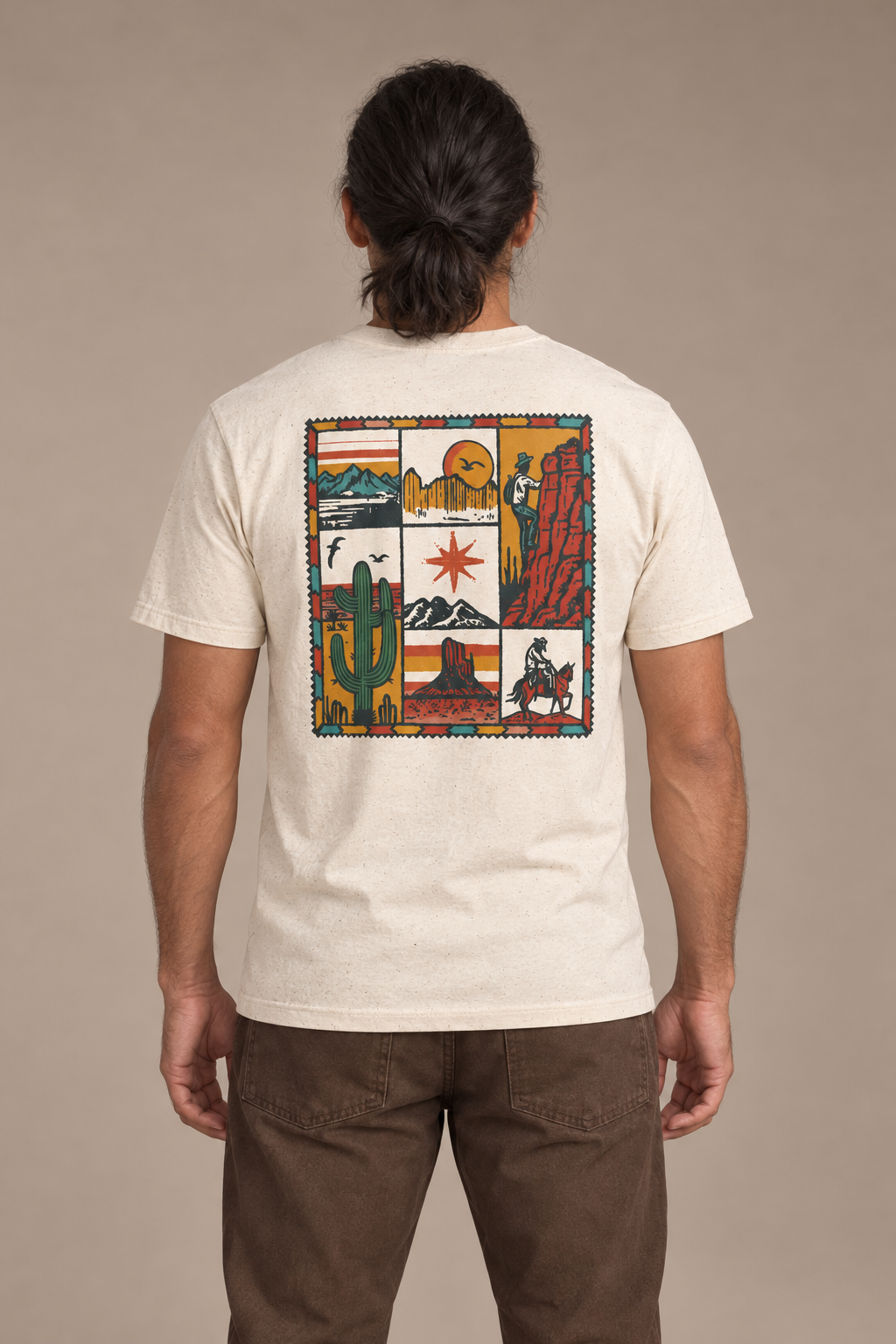 Vagabond tee — model photograph against warm beige studio background