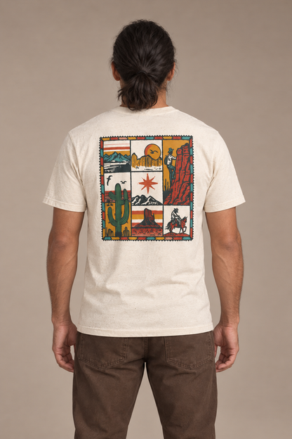 Vagabond tee — model photograph against warm beige studio background
