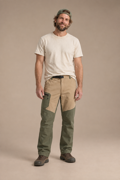 Model wearing tan and olive Trailhead pants with an off-white tee and worn cap.